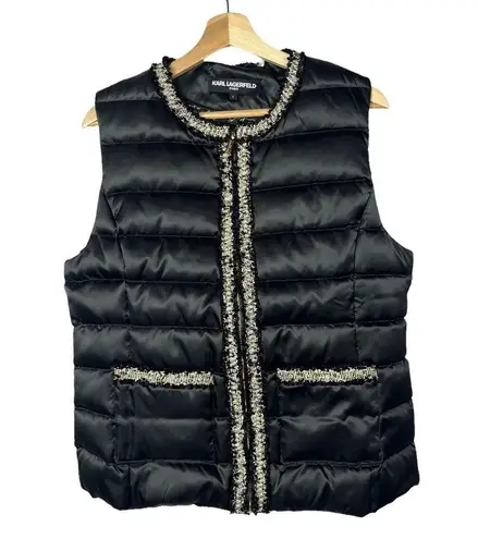 Karl Lagerfeld Black Down Tweed Trim Puffer Vest L