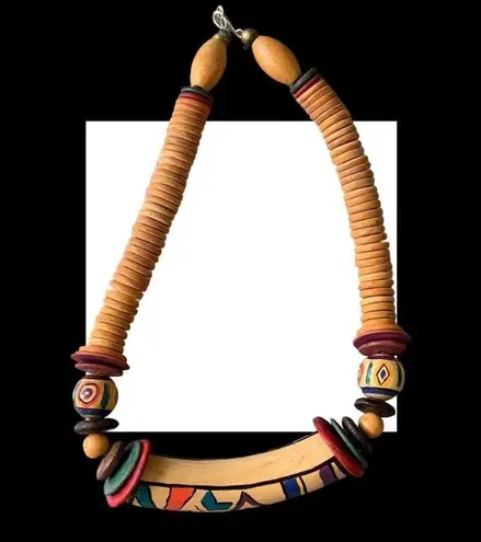 Vintage Necklace Hand Painted Wooden Discs Multicolored Tribal Art To Wear Tan