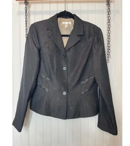 London Times Womans Black Jacquard Single Breasted Ruffled Hem Blazer Size 14