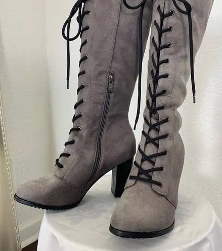 Witchy Whimsygoth Faux Suede Dark Light Gray Lace Up High Heel Boots US 9.5