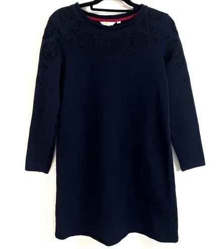 Boden Navy Blue Eyelet Sweatshirt Dress Mini Long Sleeve Crew Neck Solid Size 8