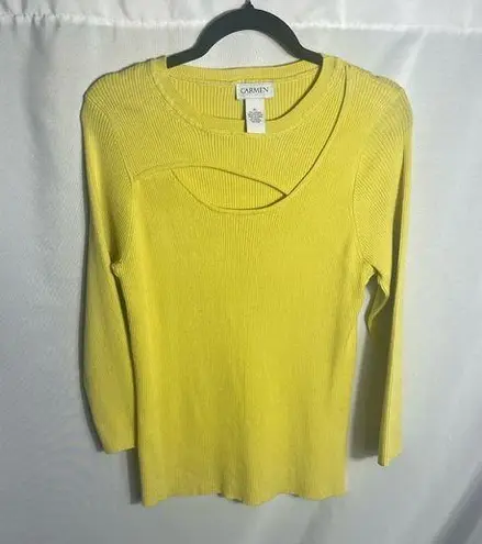 Carmen Marc Valvo XL Yellow Ribbed Sweater Cutout Neck Long Sleeve Top