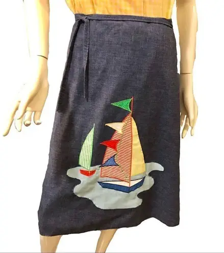 Vintage 1970s Sailboat Wrap Denim Skirt Medium Gingham Print Blue Size undefined