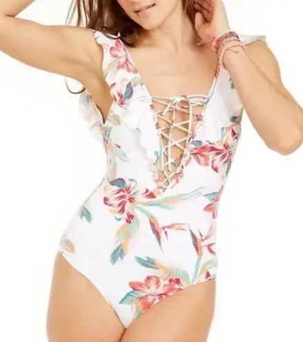 Roxy  White Floral Lace Up Front One Piece Swimsuit Size Medium M NWT