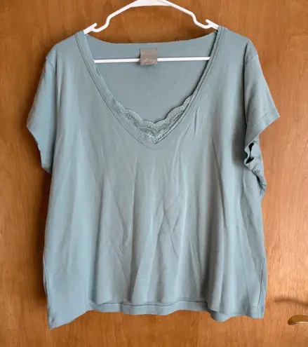 Poetry Blue V Neck T Shirt Lace Trim Soft Cotton Casual Top US 20 UK 24