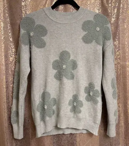 Nanette Lepore  Light Sage Green Retro Pearl Fuzzy Floral Sweater XS - Image 1
