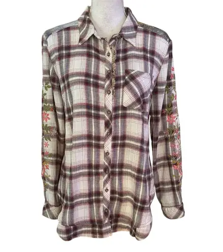 Aratta Silent Journey Size S Plaid Flannel Nature Shirt Button Up Embroidered