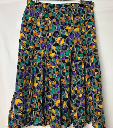 Vintage Adolfo Saks Fifth Avenue Pleated Silk Skirt Grey Gold Teal Dots Small Gray