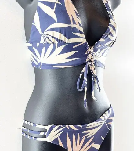 l*space L  Polynesian Palm Poppy Tropical Bikini Set Swimsuit Navy Cream Small