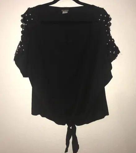 Zenobia Blouse Black Cold Shoulder Boutique Top w/ Pearls Sz 3X New Tie Front
