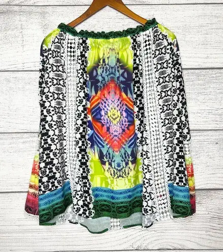 Alberto Makali Colorful Bohemian Bell Sleeve Top Size Medium Sheer Crochet Boho
