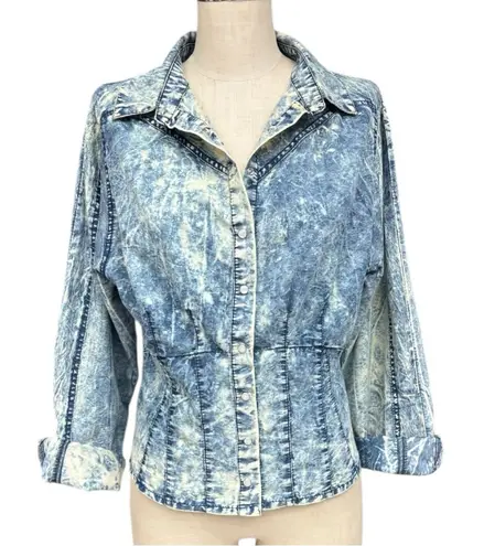 Thrill Jeans Acid Wash Denim Jacket Blue Snap Front Large Retro 80s Style EUC