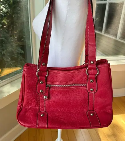 Vintage 90s Y2K Cherry Red Genuine Leather Purse or Shoulder Bag Silver Details