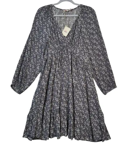 Faherty Sirene Navy Tiered Mini Dress White Ditsy Florals Knee Length X-Large XL