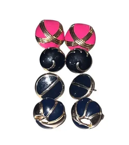 Four (4) Vintage Round Enamel 80s Retro Button Earrings Post Back Large Studs Gold