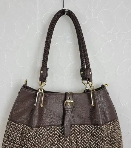 Black Rivet Womens Shoulder Bag Brown Leather Tweed Purse Buckle Strap Handbag