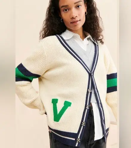Callahan Varsity Collegiate Cardigan Retro Knit Athletic Ivory Cream Green sz S