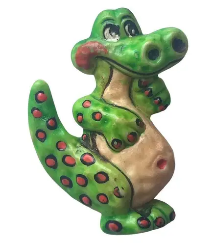 Vintage Brooch Pin Alligator Crocodile 1970 Funky MCM Berries Signed Plastic Green