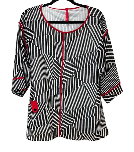 IC By Connie K Asymmetrical Abstract Tunic Blouse Red White Black Size Large - Image 1