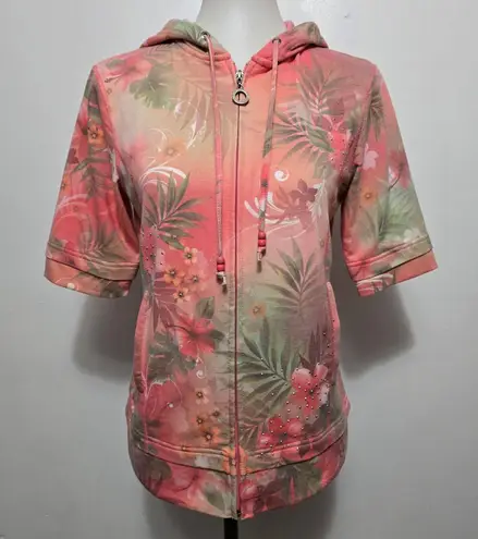 Green Tea Floral Rhinestone Short Sleeve Zip Up Hoodie - Women's Small