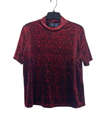 Laura Scott XL Red Blck Stretch Velvet Mock Neck Top Short Sleeve Damask Y2K 90s