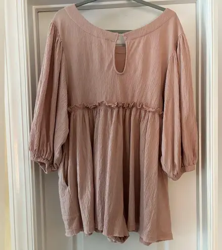 MABLE ROSE COLOR ROMPER FRILLY SIZE S FRINGE HEM PEASANT SLEEVES DEEP POCKETS Pink
