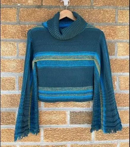 Free People  Knit Striped Long Flared-Sleeve Turtleneck Sweater Blue XS