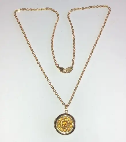 Vintage Gold Tone Avon CZ Citrine Rhinestone Locket Pendant Necklace
