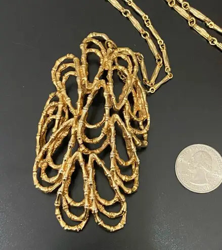 Vintage Abstract Modernist Twisted Bamboo Large Pendant Goldtone 20” Necklace Gold