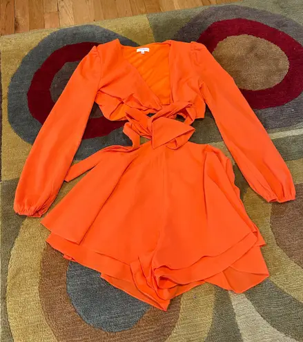 Better Be Orange Romper Jumpsuit Tie Front Cutout Shorts Long Sleeve Top Small