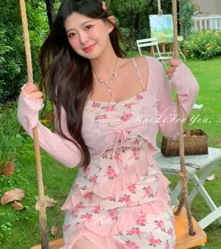 Korean Y2K Cottage Pastel Baby Pink Thin Crop Ribbon Tie Cardigan Size XS