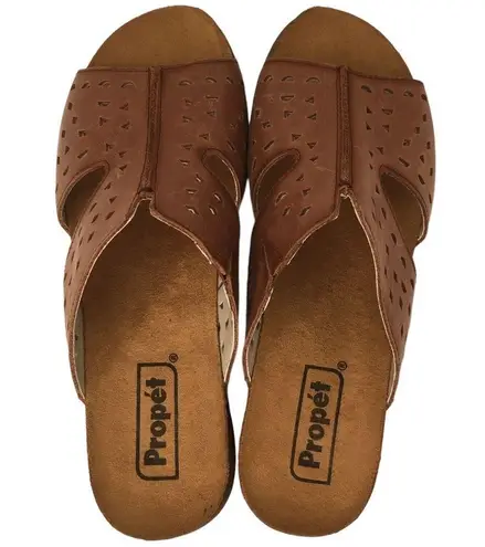 Propet Fionna Leather Cork Laser Cut Slides Sandal Womens Brown 7