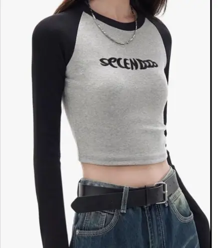 Y2K Style Raglan Long Sleeve Cropped Crew Neck Ribbed Black And Gray Shirt Top M Size M