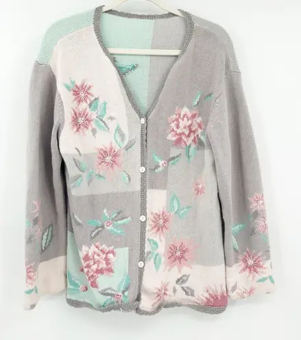 Floral Cottagecore Knit Cardigan Sweater Womens Grannycore Pastel Vintage Gray Size XL