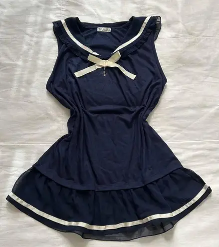 Axes Femme Navy blue white piping detail sailor collar tie neck blouse Size M