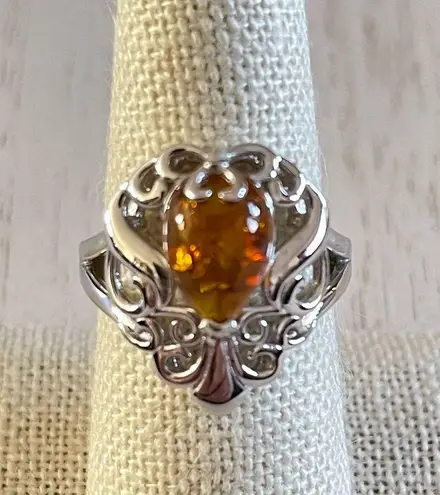 Natural Baltic Honey Amber pear shaped silver ring, size 8