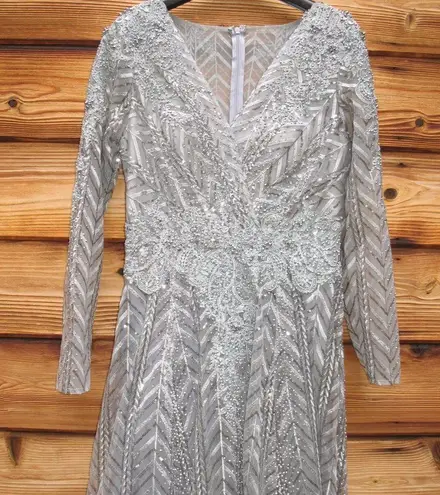 Mac Duggal NWT  Illusion Long Sleeve Wrap Over Gown Dress