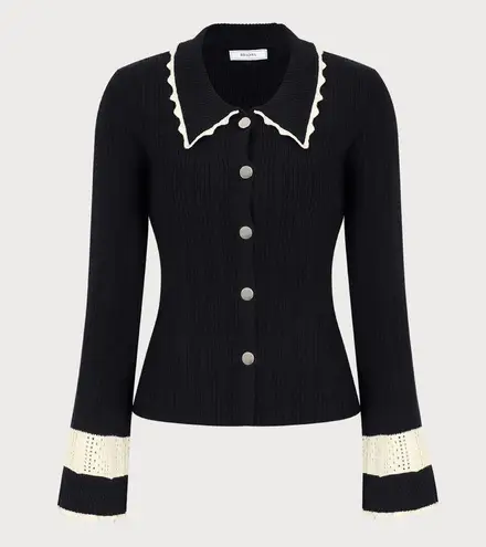 Rihoas Women's Black Splicing Button Ribbed Cardigan Size L