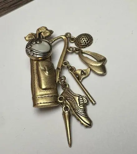 Golf Club Bag With Golfing Charms Brooch Pin Gold Tone