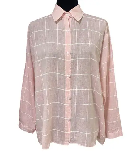 Adora Pink White Stripe Button Front Roll Tab Sleeve Semi Sheer Shirt Medium