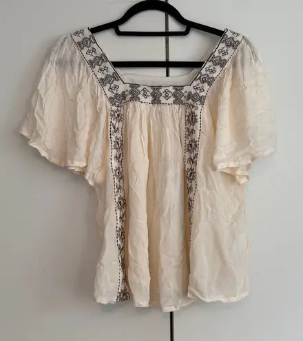 Elie Tahari NWT Boho Embroidered Blouse Square Collar Top Buttercream S/P