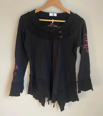 Symmetry Embroidered Asymmetrical Drape Black Top Medium Whimsygoth Grunge Fairy