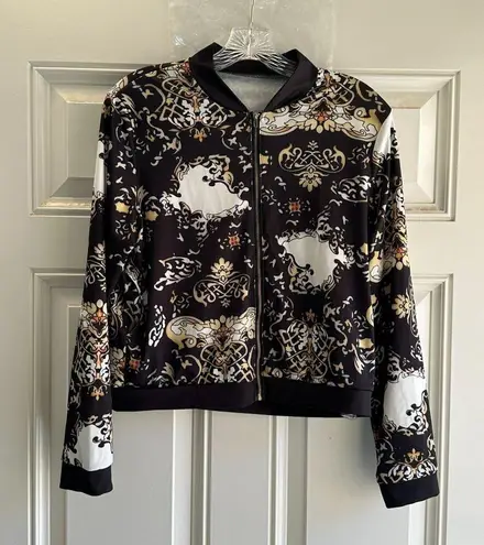 Womens Baroque Print Fashion Pants & Jacket Set Black & Gold Size M Size M