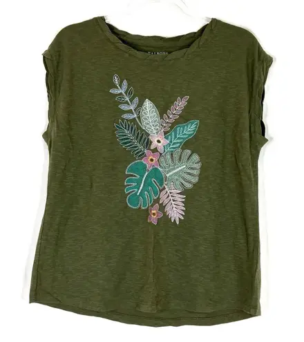 Talbots  Petite | Green Tropical Embroidered Casual Top 100% Cotton Womens LP