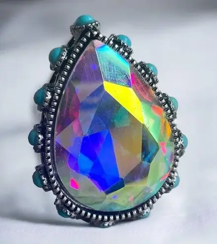 Aurora pear shaped crystal adjustable ring with round turquoise accents Multiple