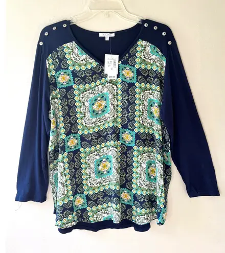 Ava James Sz L V Neck Floral Print Blue Pullover Stretch Blouse Top