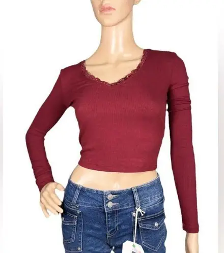 Self Esteem Lace-Trimmed V-Neck Ribbed Top