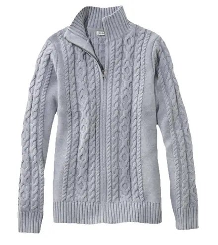 LL Bean Gray Double L Mixed Cable Full Zip Mock Neck Cotton Sweater Size MEDIUM