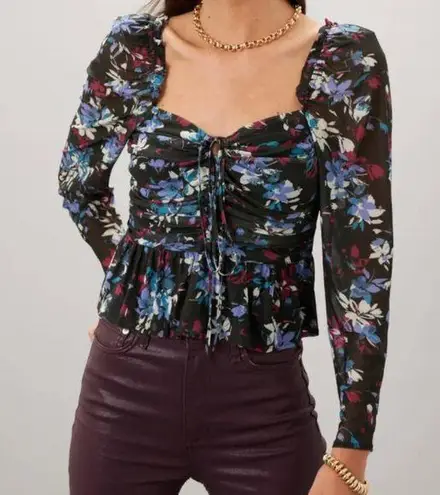 Peter Som Tie Detail Crop Top Floral Long Sleeve Casual Ruched Neutral Black