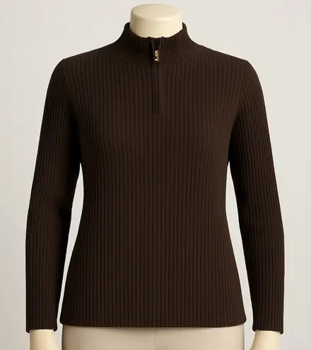 St. John Sport by Marie Gray Ribbed Mock Neck Sweater Brown 1/4 Zip Size Large